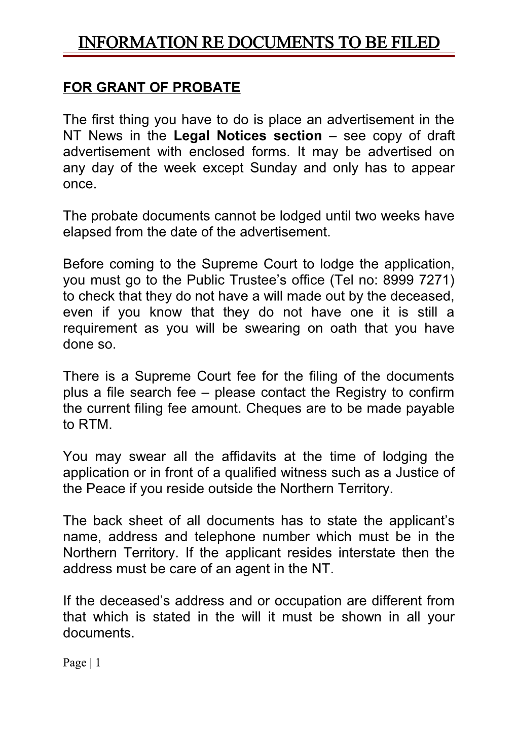 Information Re Documents to Be Filed