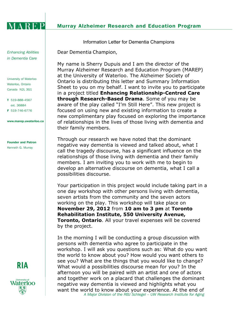 Information Letter for Dementia Champions