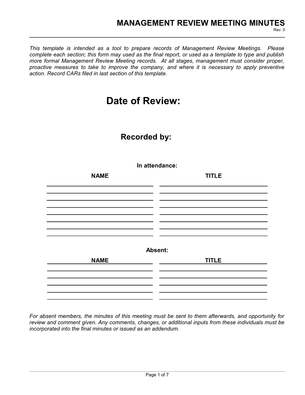 Management Review Meeting Minutes Template