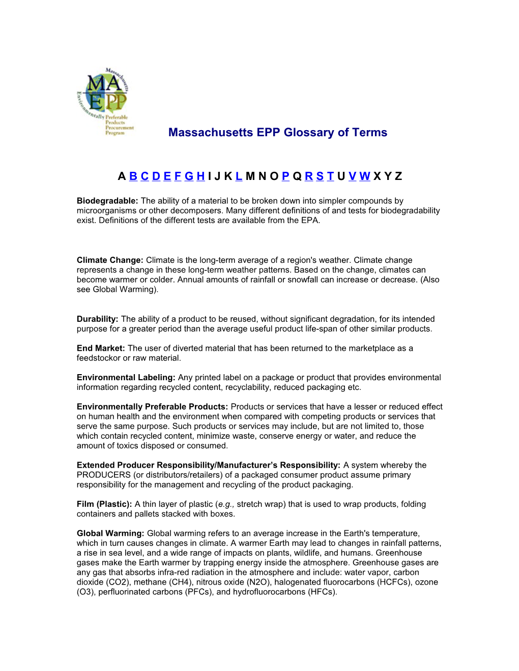 Massachusetts EPP Glossary of Terms