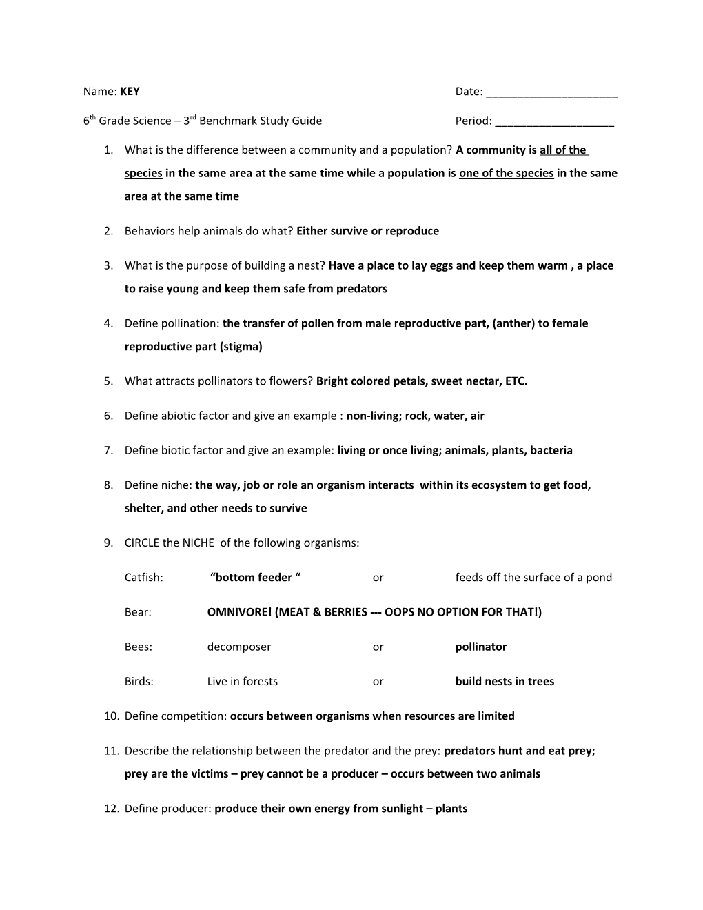 6Th Grade Science 3Rd Benchmark Study Guideperiod: ______