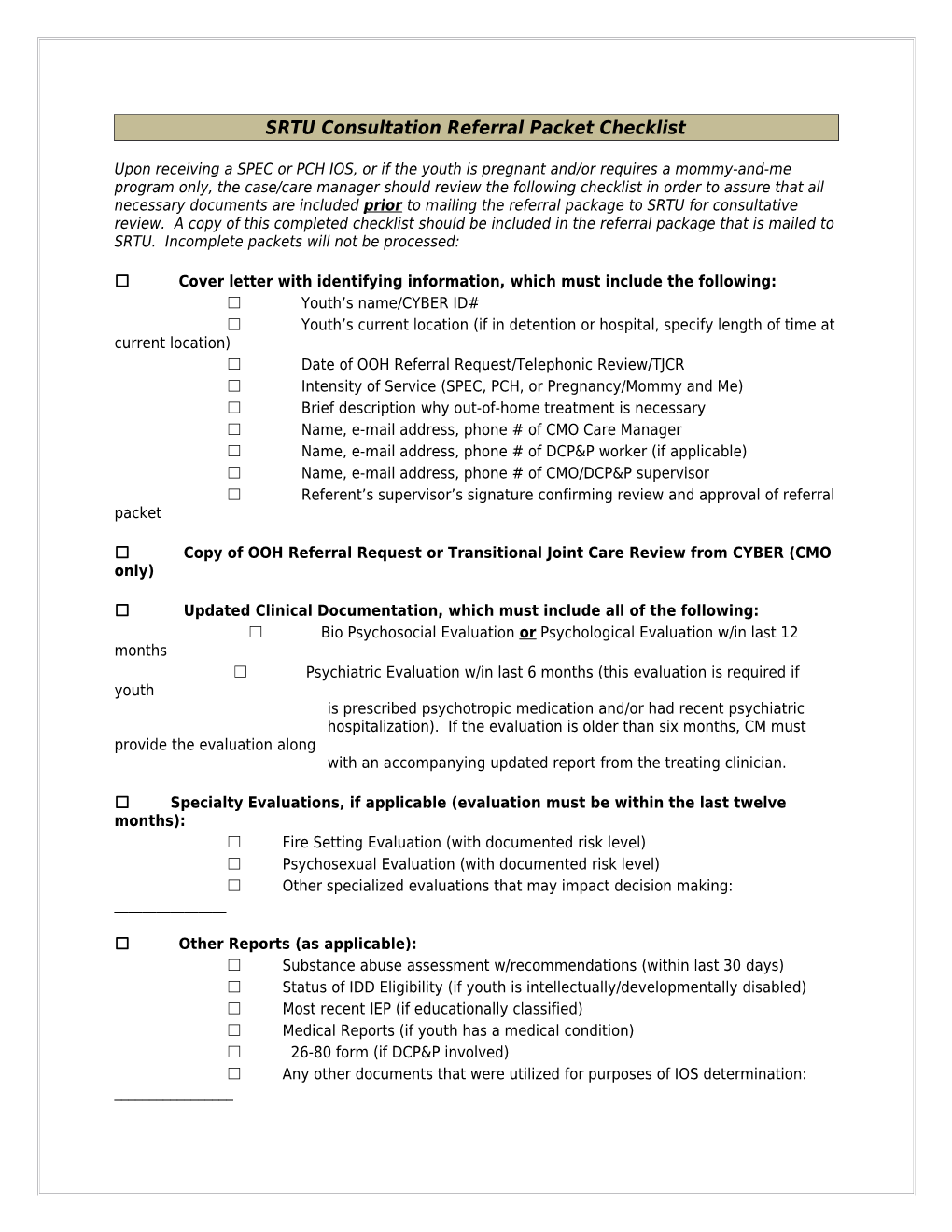 SRTU Consultation Referral Packet Checklist