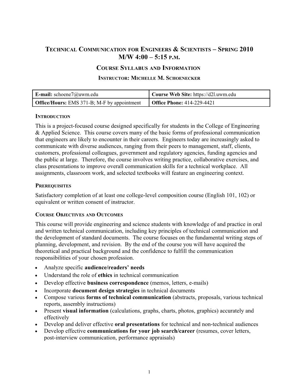 Technical Communication for Engineers & Scientists Spring 2010