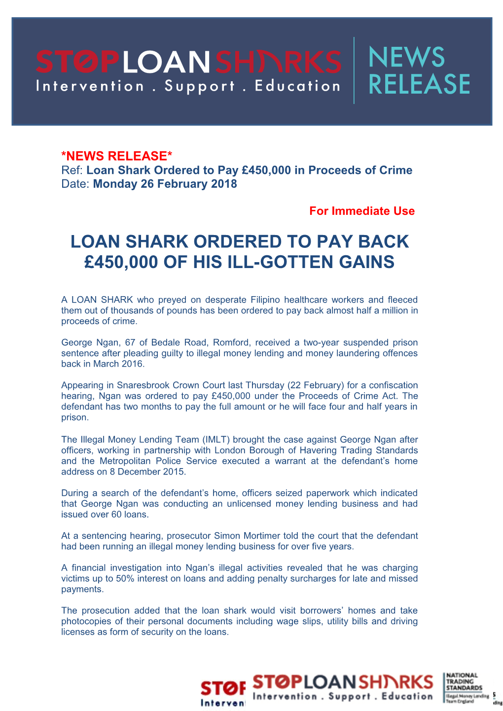 Ref: Loan Shark Ordered to Pay 450,000 in Proceeds of Crime