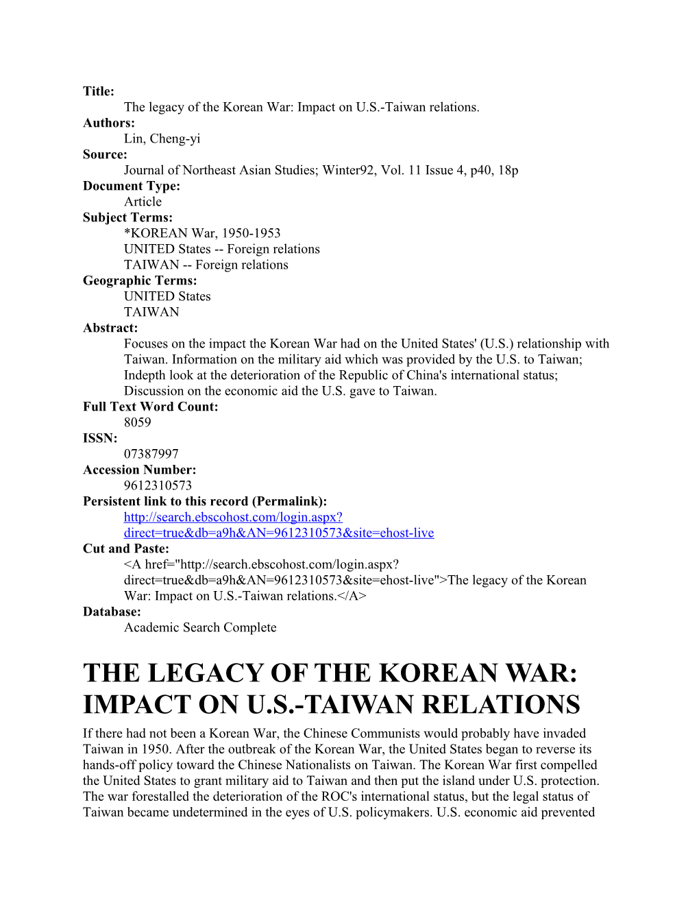 The Legacy of the Korean War: Impact on U.S.-Taiwan Relations