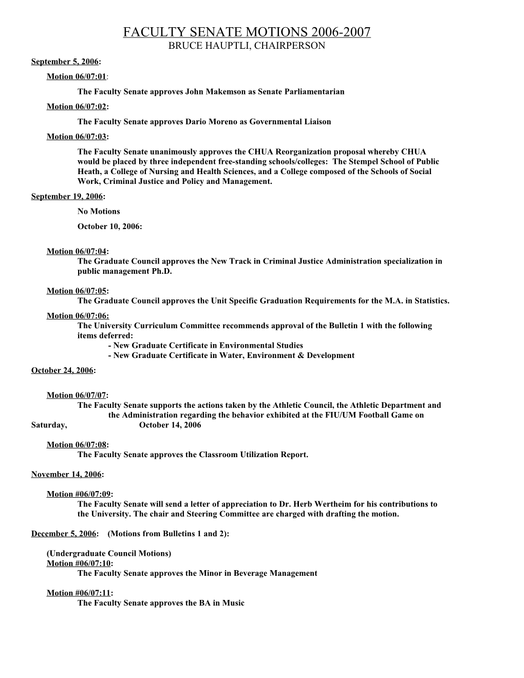 Faculty Senate Motions 2006-2007