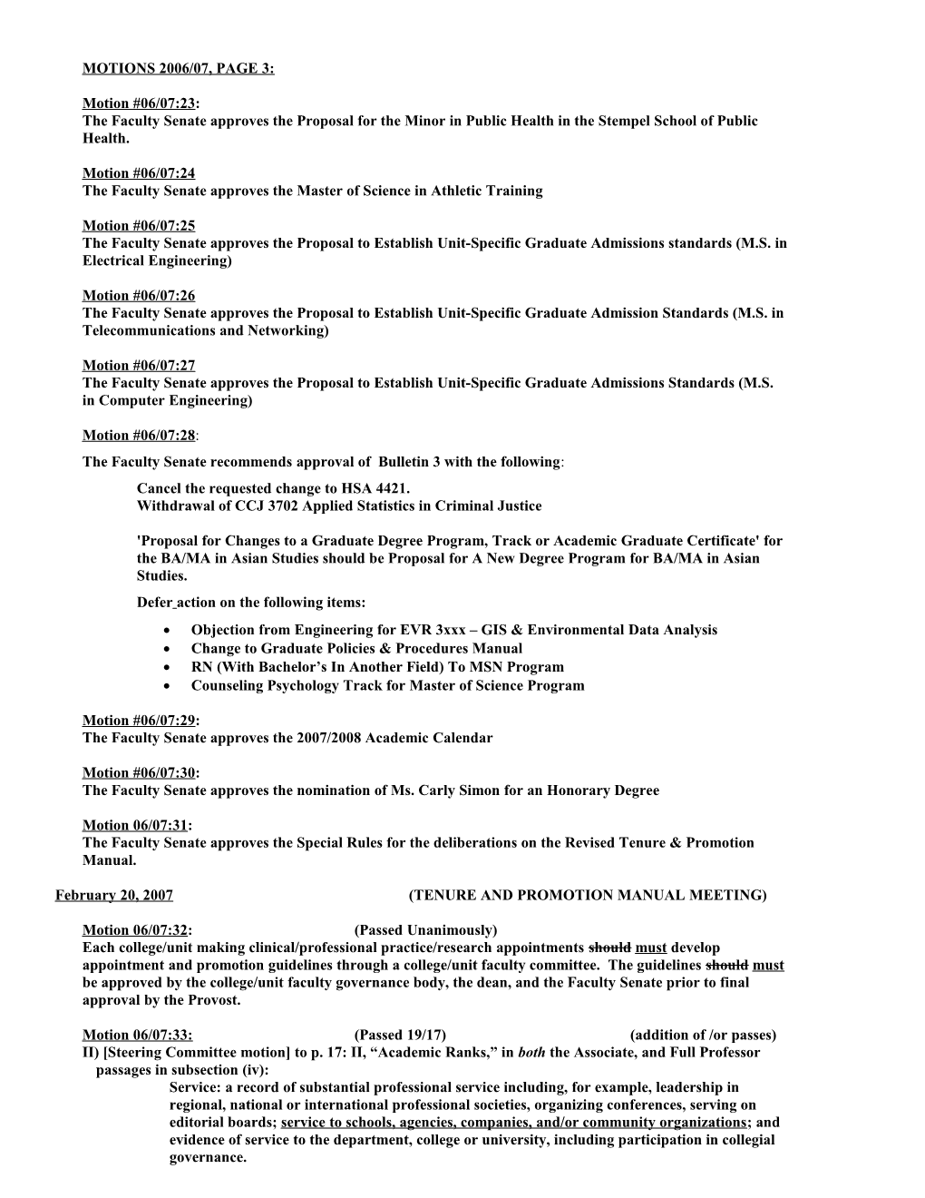 Faculty Senate Motions 2006-2007
