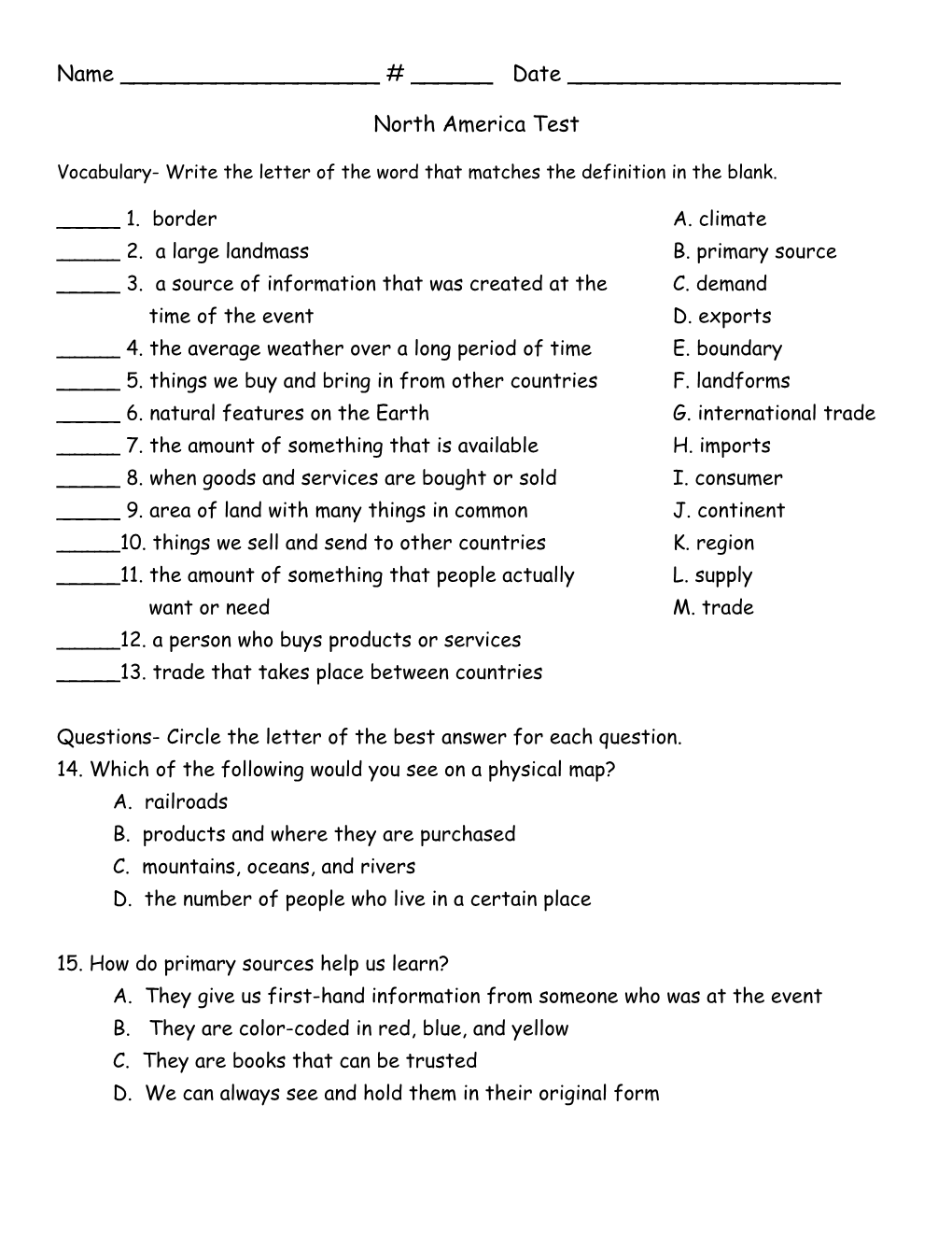 Vocabulary- Write the Letter of the Word That Matches the Definition in the Blank