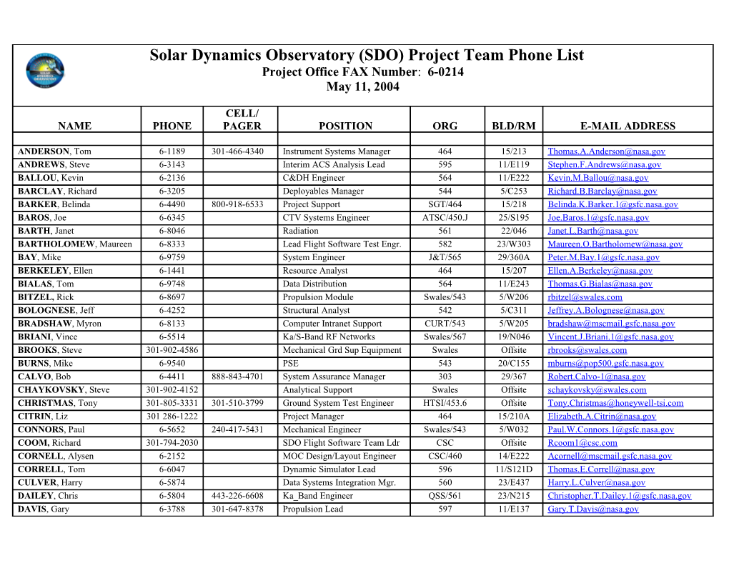 Solar Dynamics Observatory (SDO) Project Team Phone List