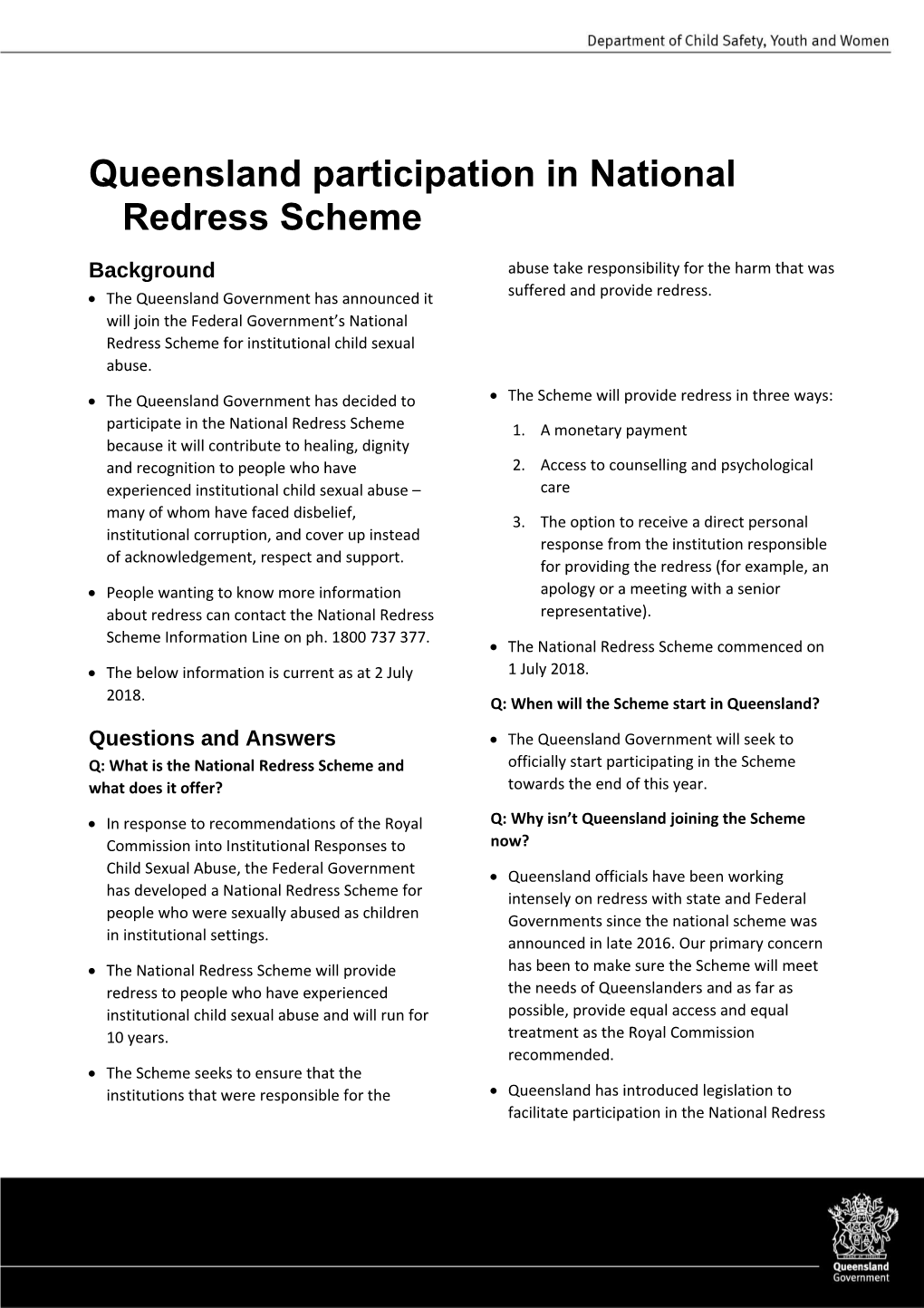 National Redress Scheme: Queensland's Participation - Q&As