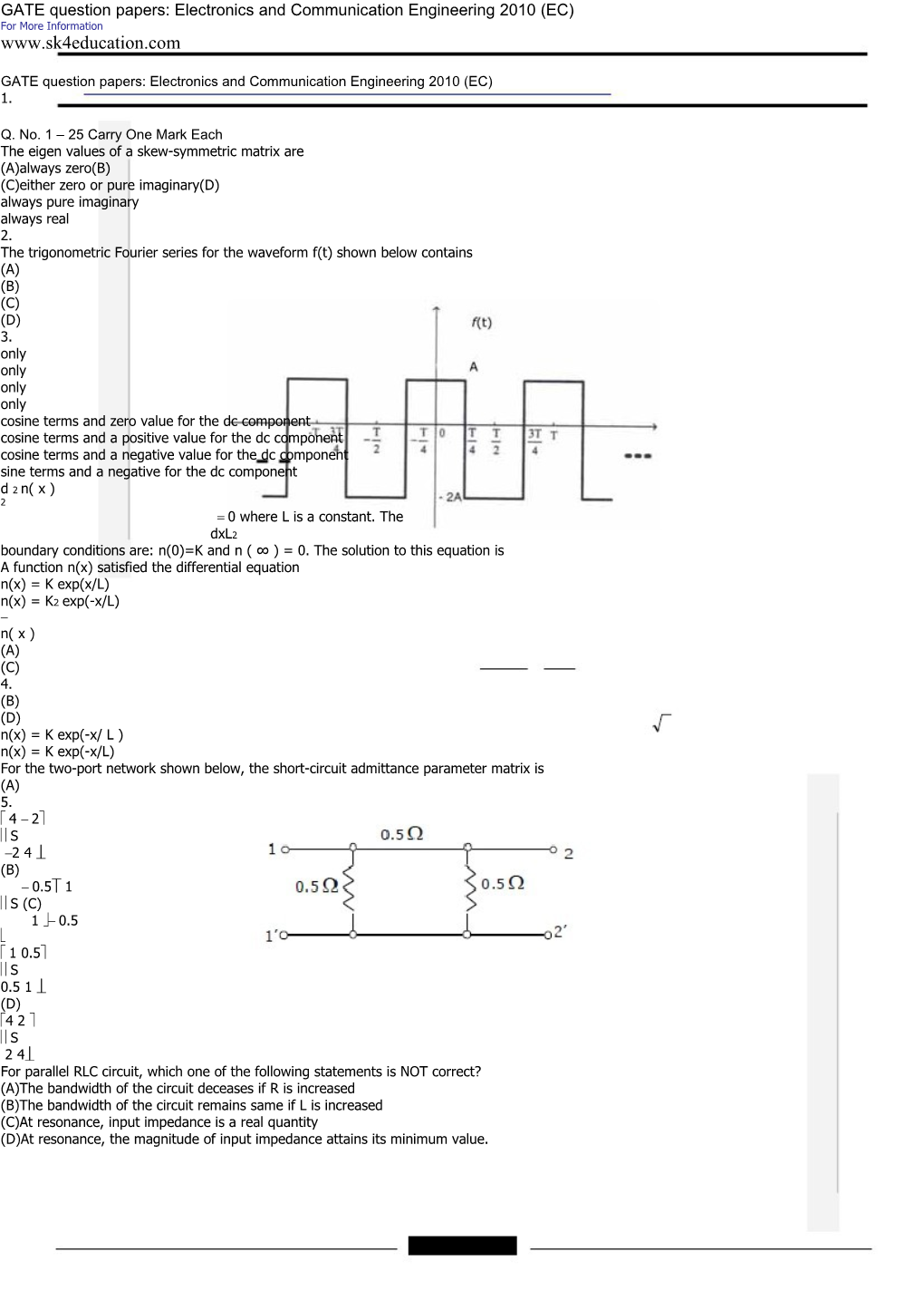 GATE Question Papers: Electronics and Communication Engineering 2010 (EC)
