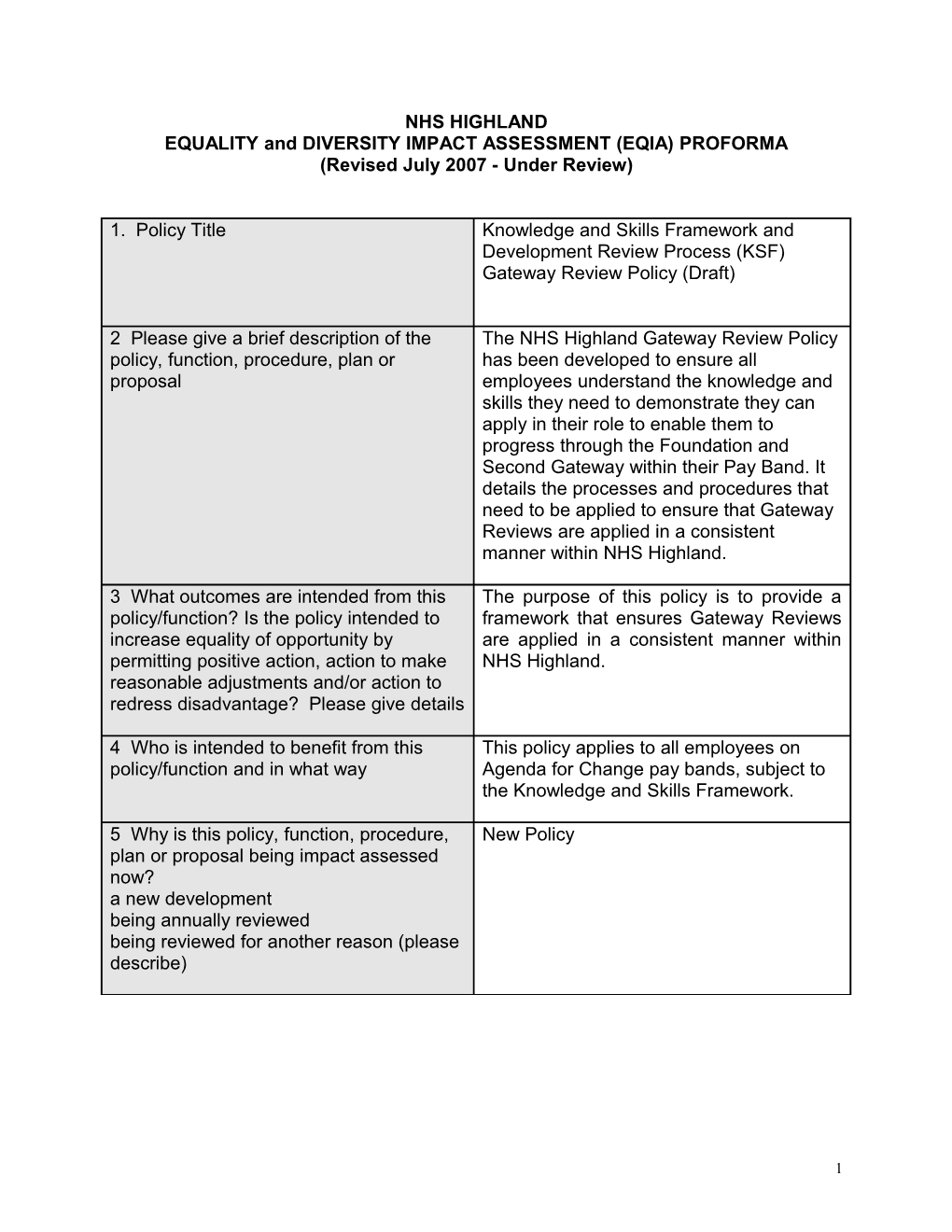 Rapid Impact Assessment Tool Equality and Diversity