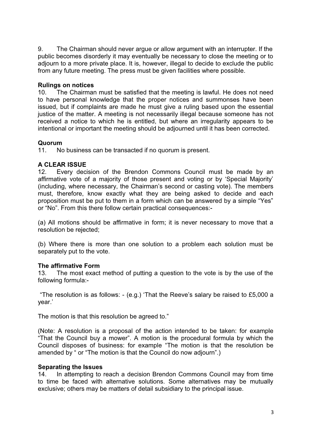 Standing Orders of Brendon Commons Council