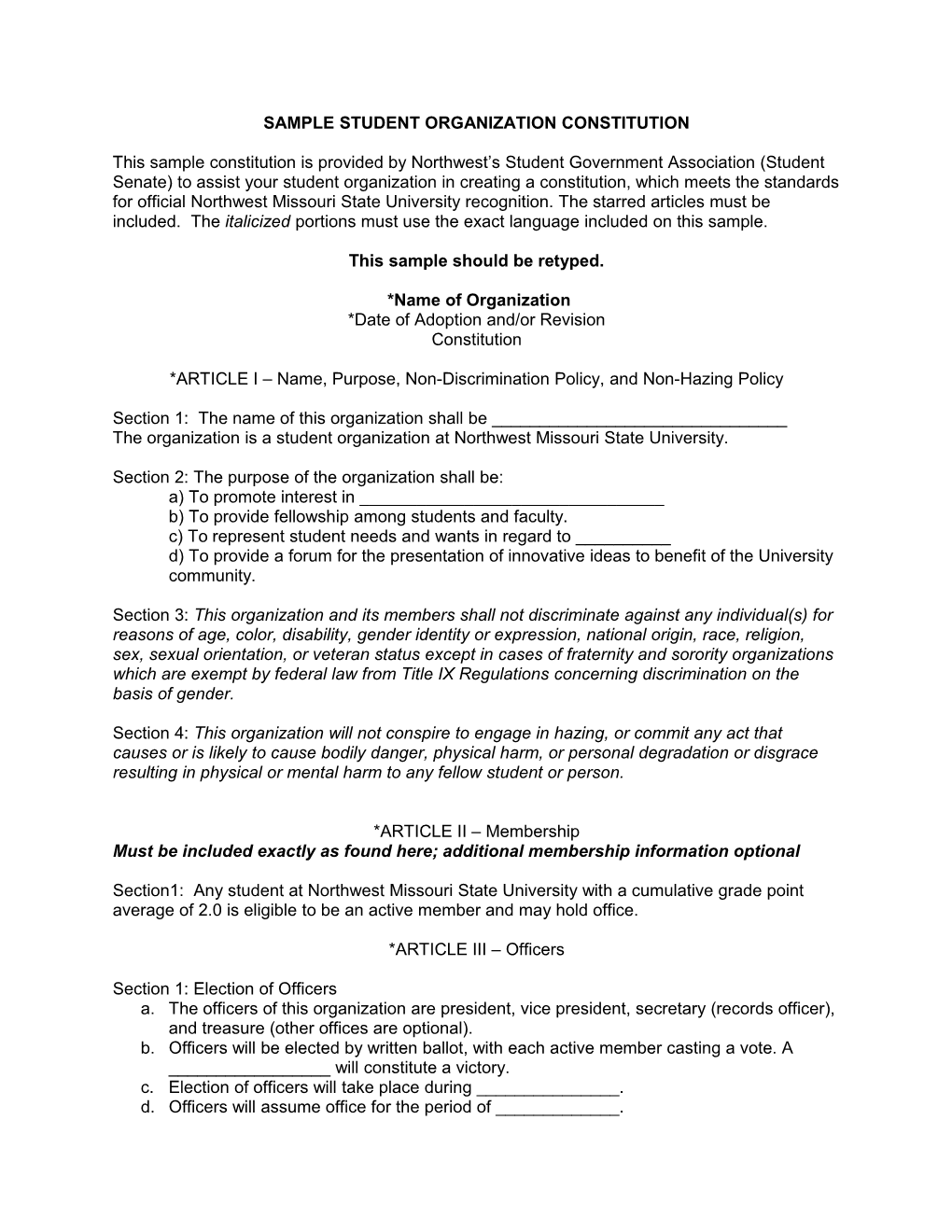 Sample Student Organization Constitution