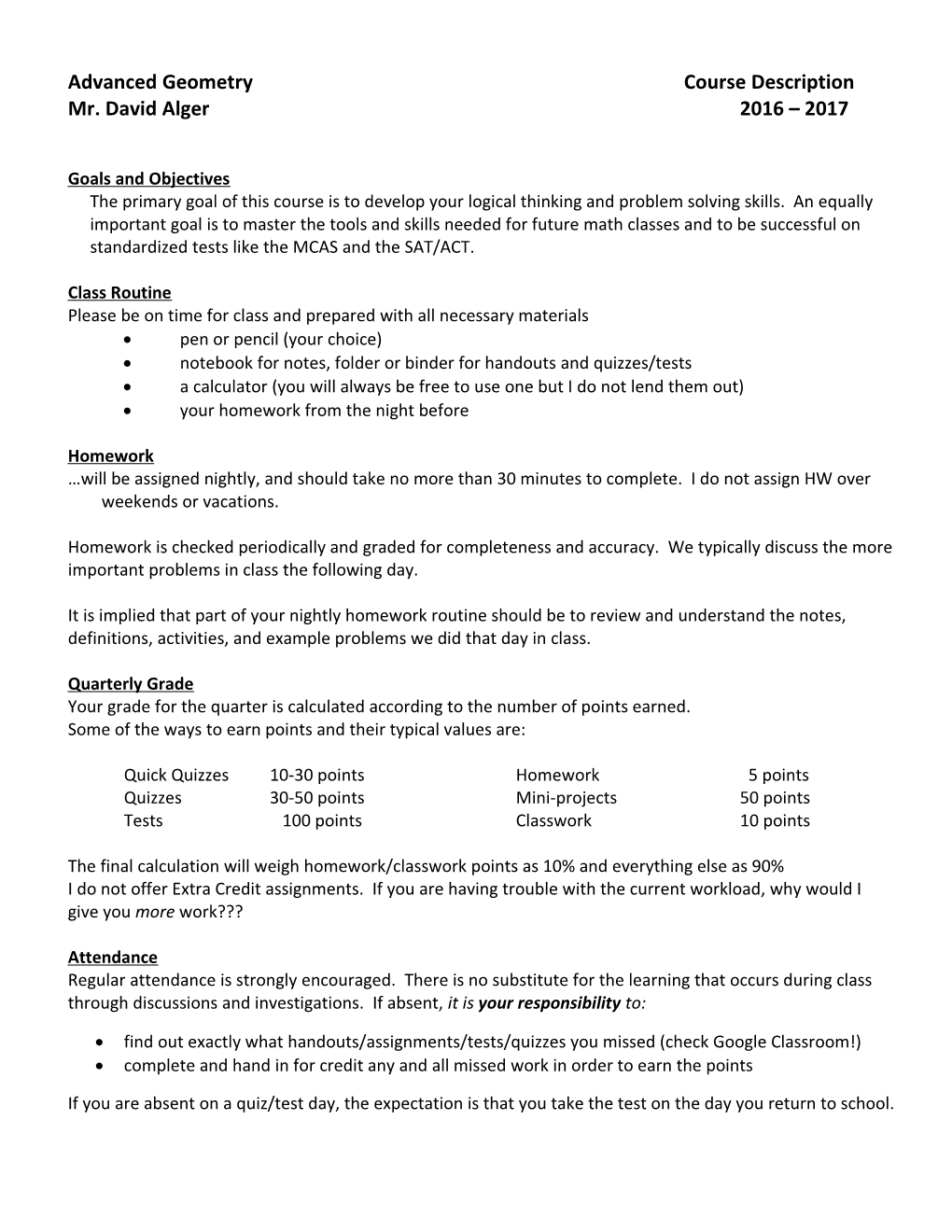 Advanced Geometry Course Description