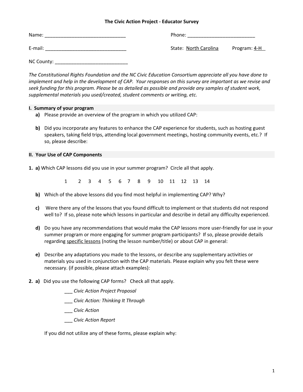 Rough Draft Questions for CAP Teacher Questionnaire