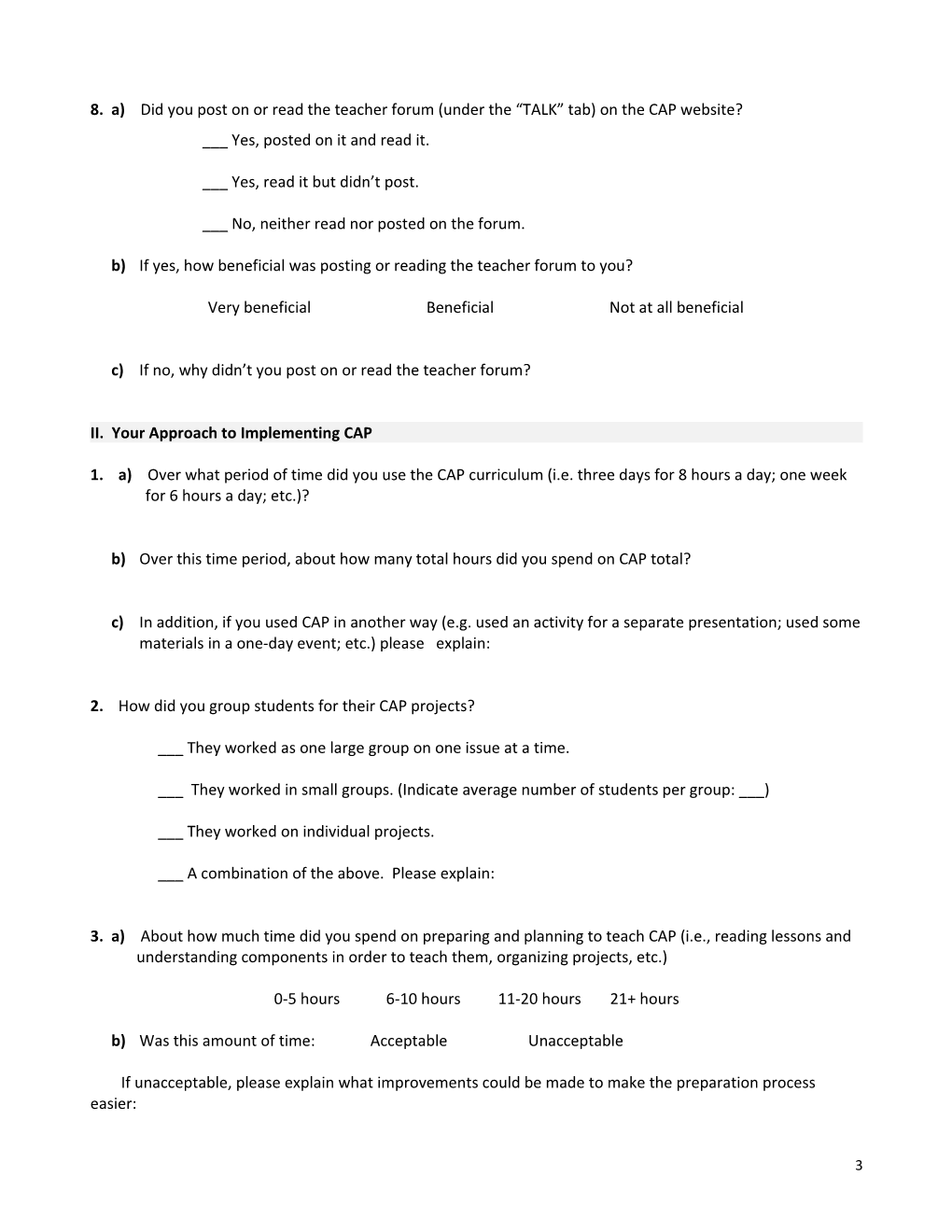 Rough Draft Questions for CAP Teacher Questionnaire
