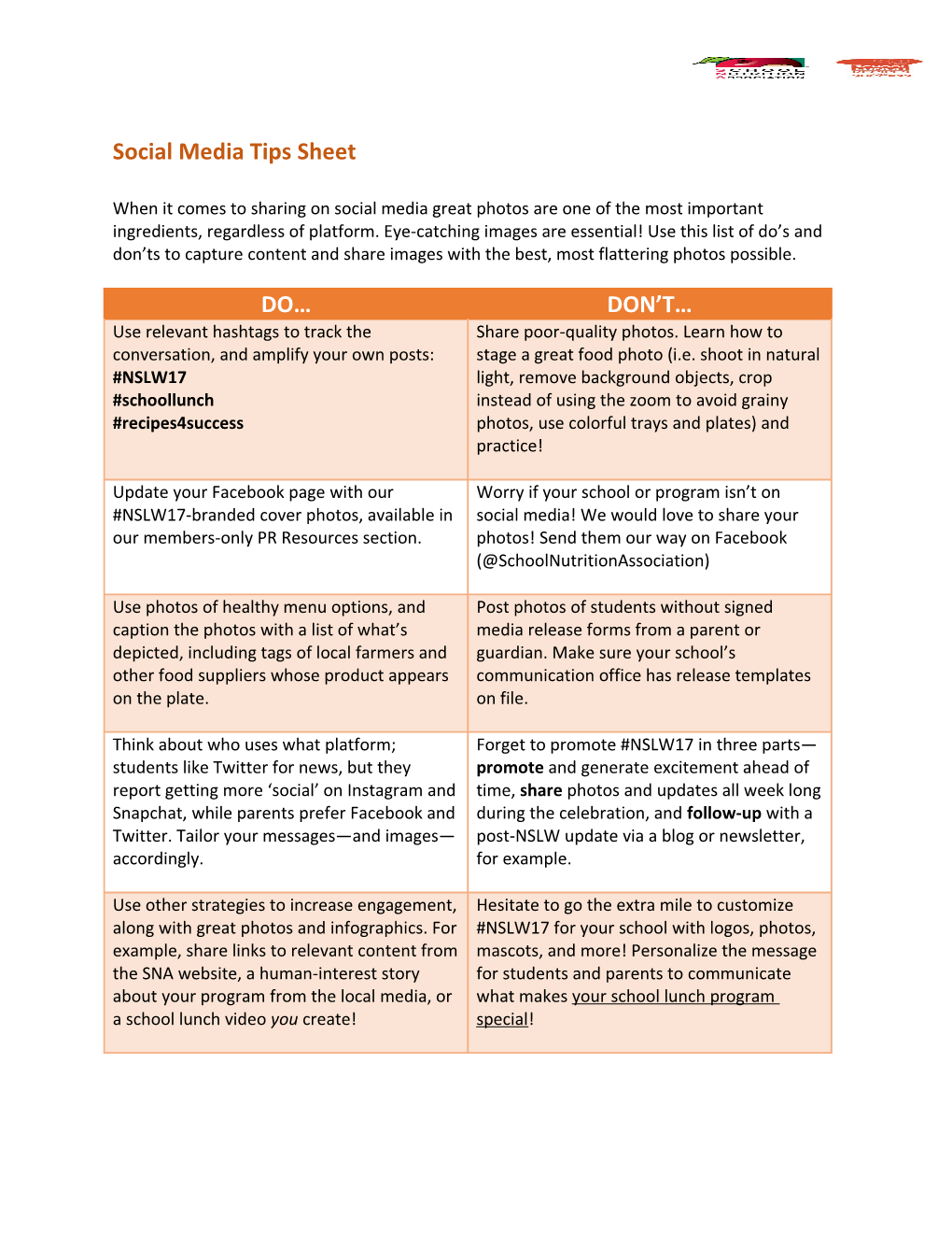 Social Media Tips Sheet