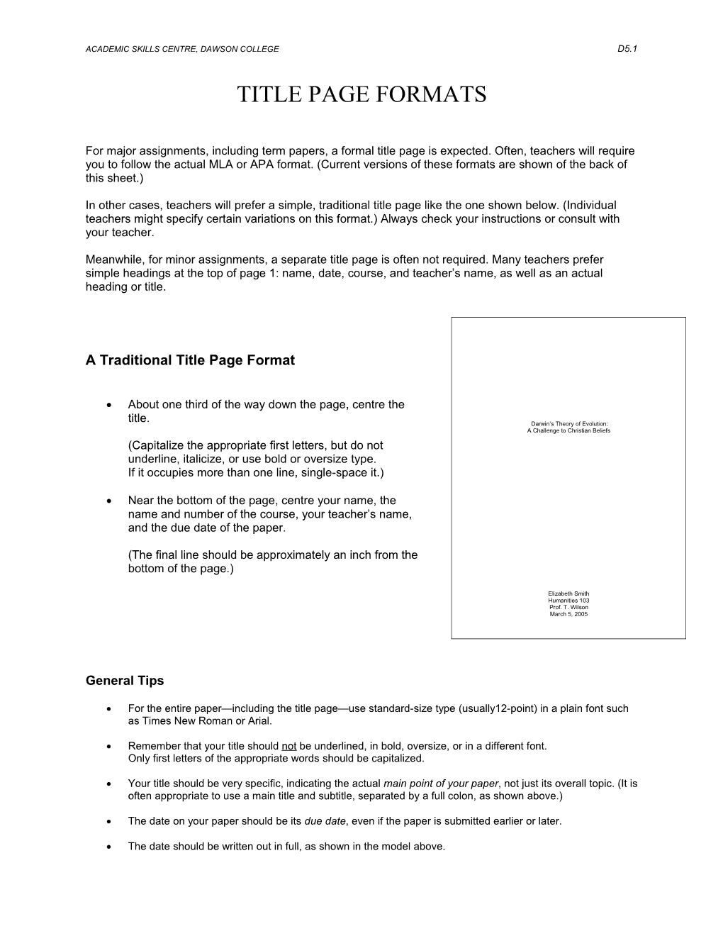 Title Page Formats