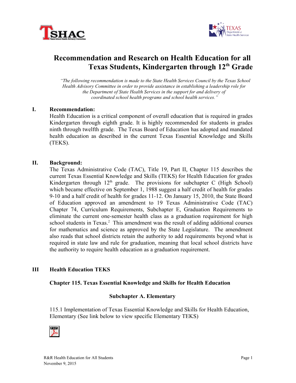 Recommendation and Research on Health Education for All November 9, 2015