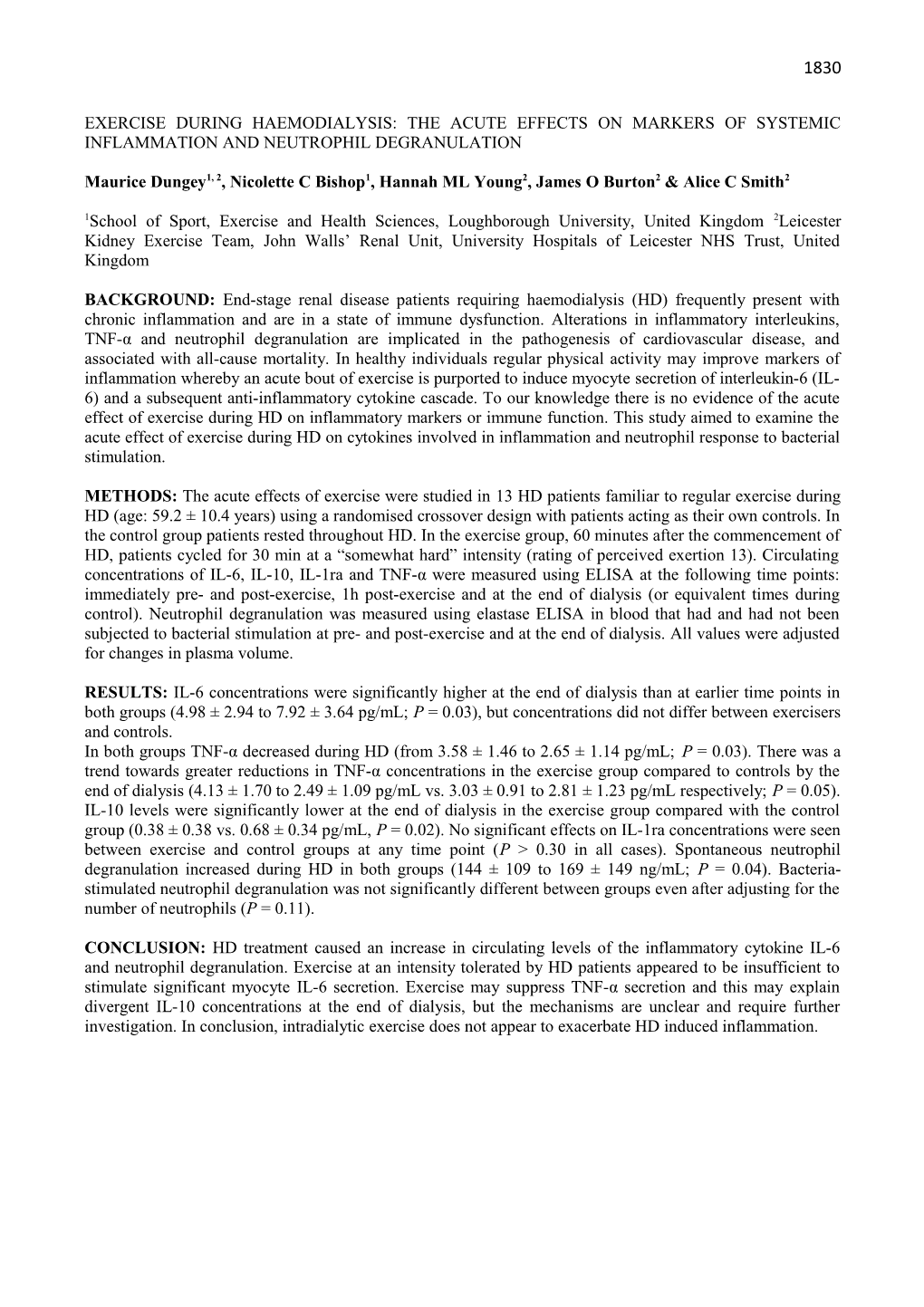 Exercising During Haemodialysis: the Acute Effects on Markers of Systemic Inflammation