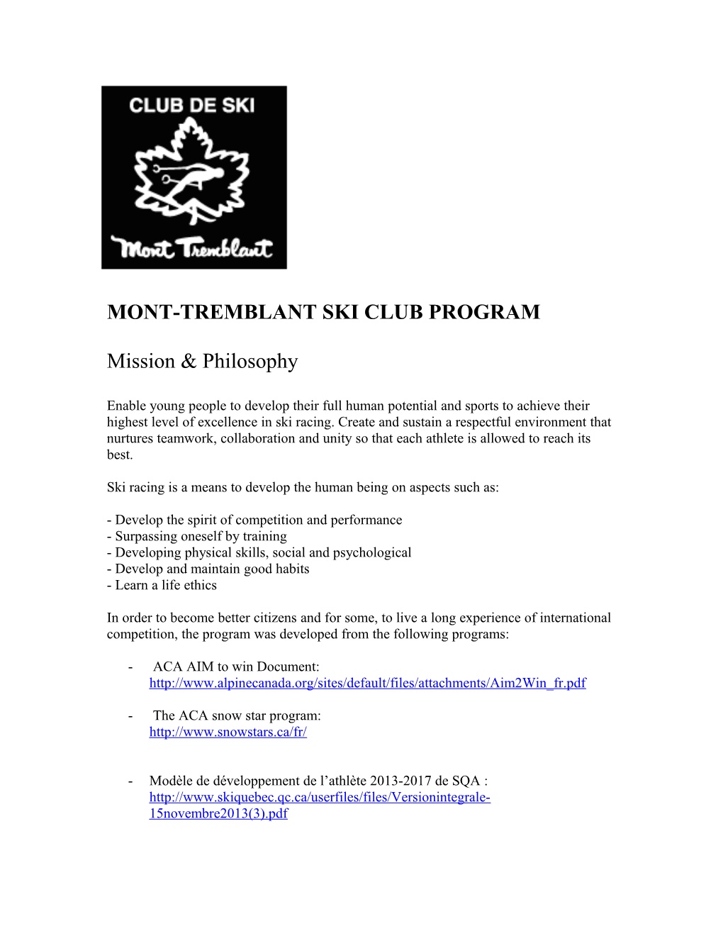 Mont-Tremblant Ski Club Program