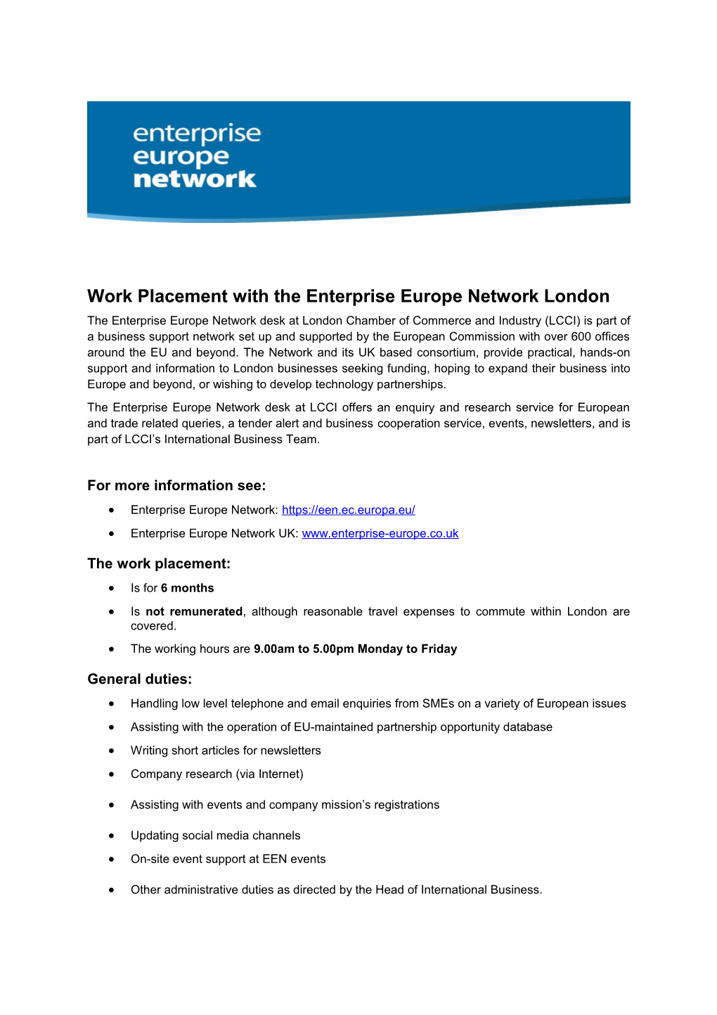 Work Placement with the Enterprise Europe Network London