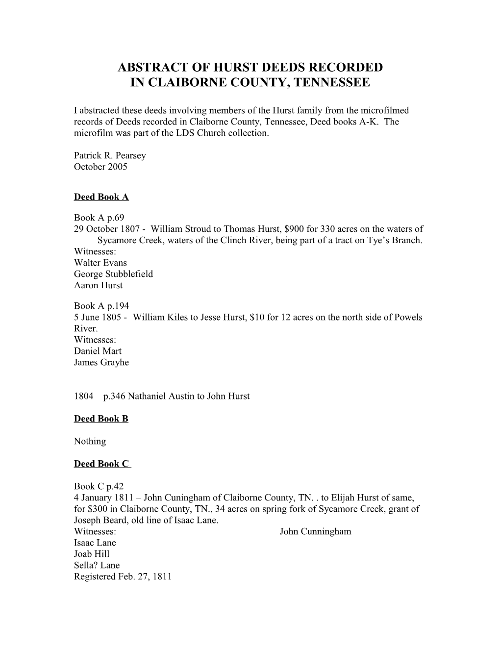 Abstract of Hurst Deeds Recorded in Claiborne County, Tennessee