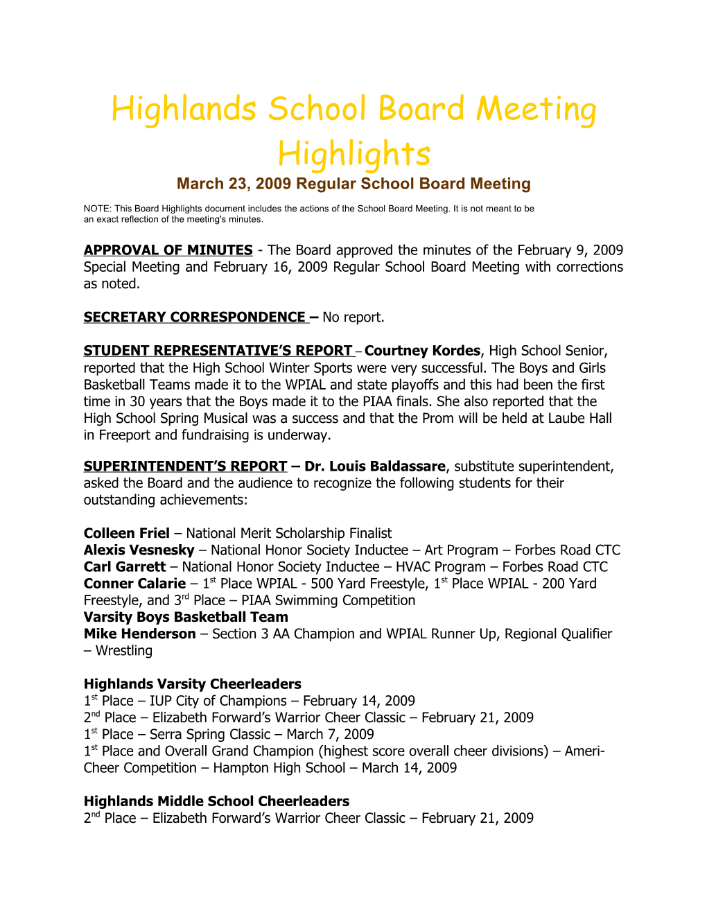 Highlands School Board Meeting Highlights