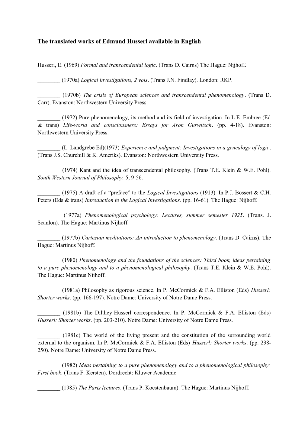 The Translated Works of Edmund Husserl Available in English