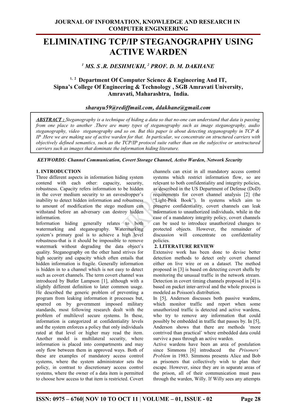 Eliminating Tcp/Ip Steganography Using Active Warden