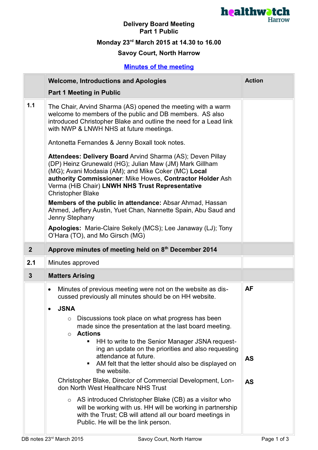 Notes of Planning Meeting - Harrow Link