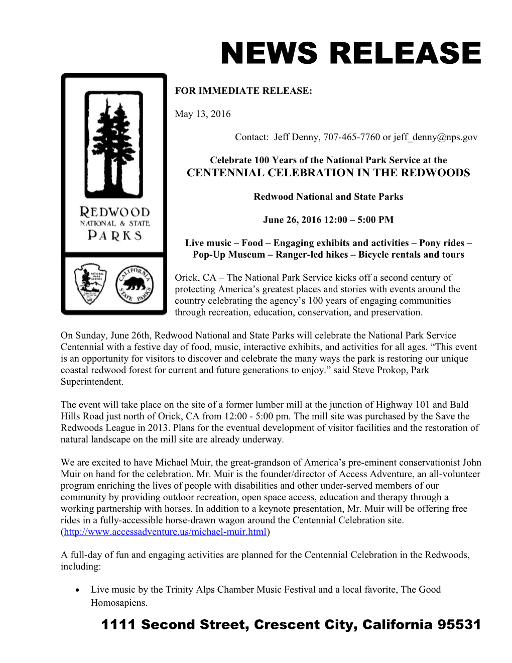 Celebrate100 Years of the National Park Service at the CENTENNIAL CELEBRATION in the REDWOODS