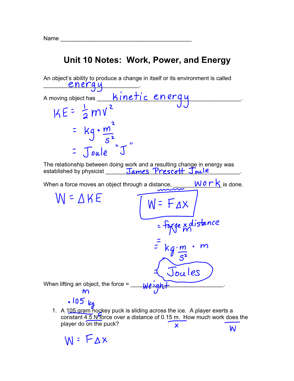Unit 10 Notes: Work, Power, and Energy