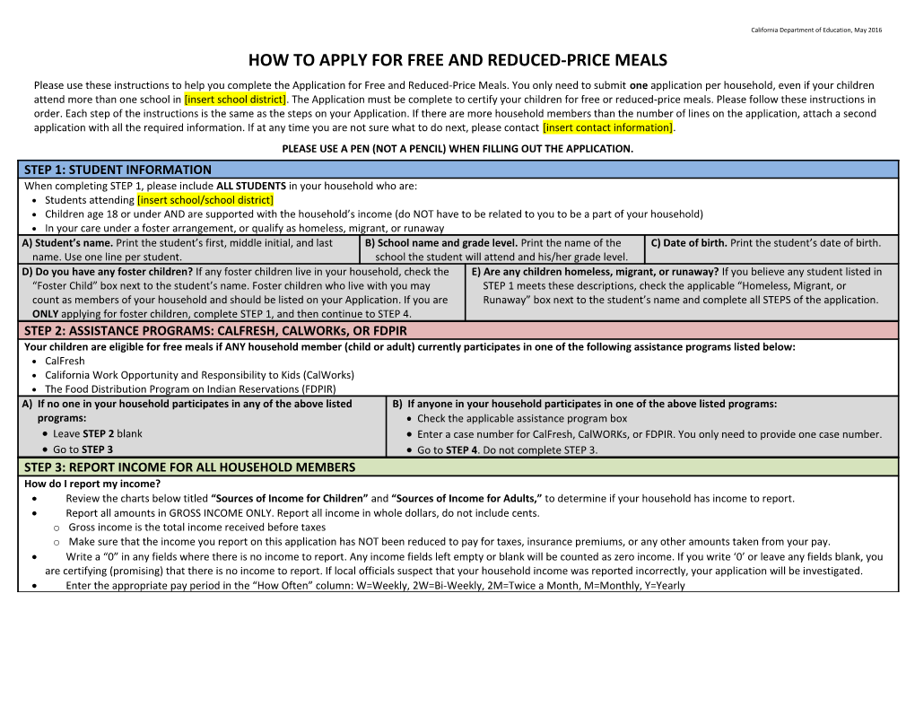Meal Application Instructions - School Nutrition (CA Dept of Education)