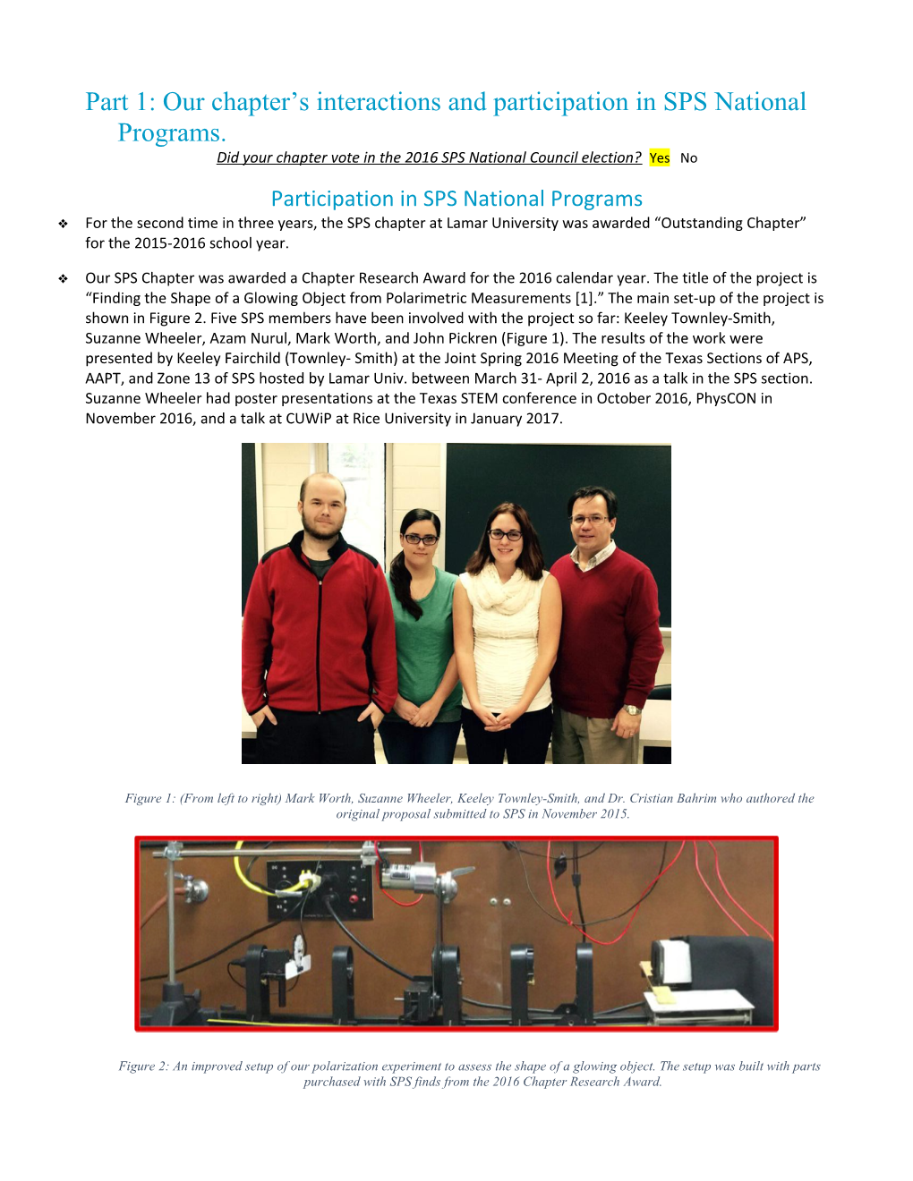 Part 1: Our Chapter S Interactions and Participation in SPS National Programs