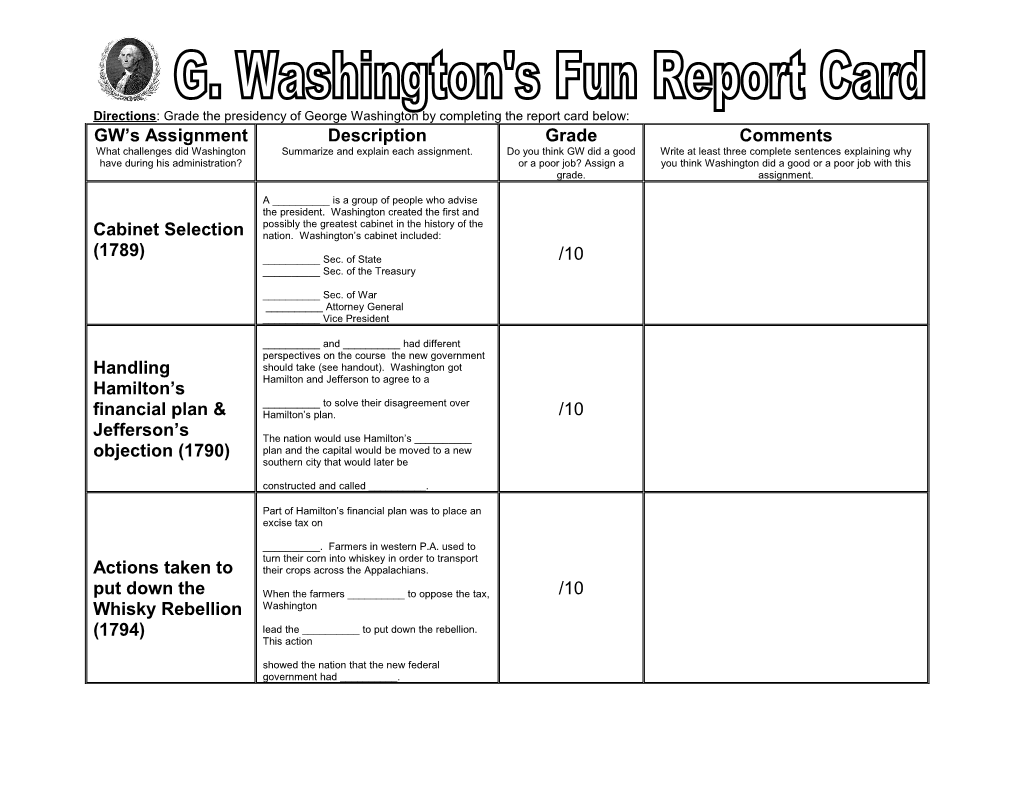 Directions: Grade the Presidency of George Washington by Completing the Report Card Below