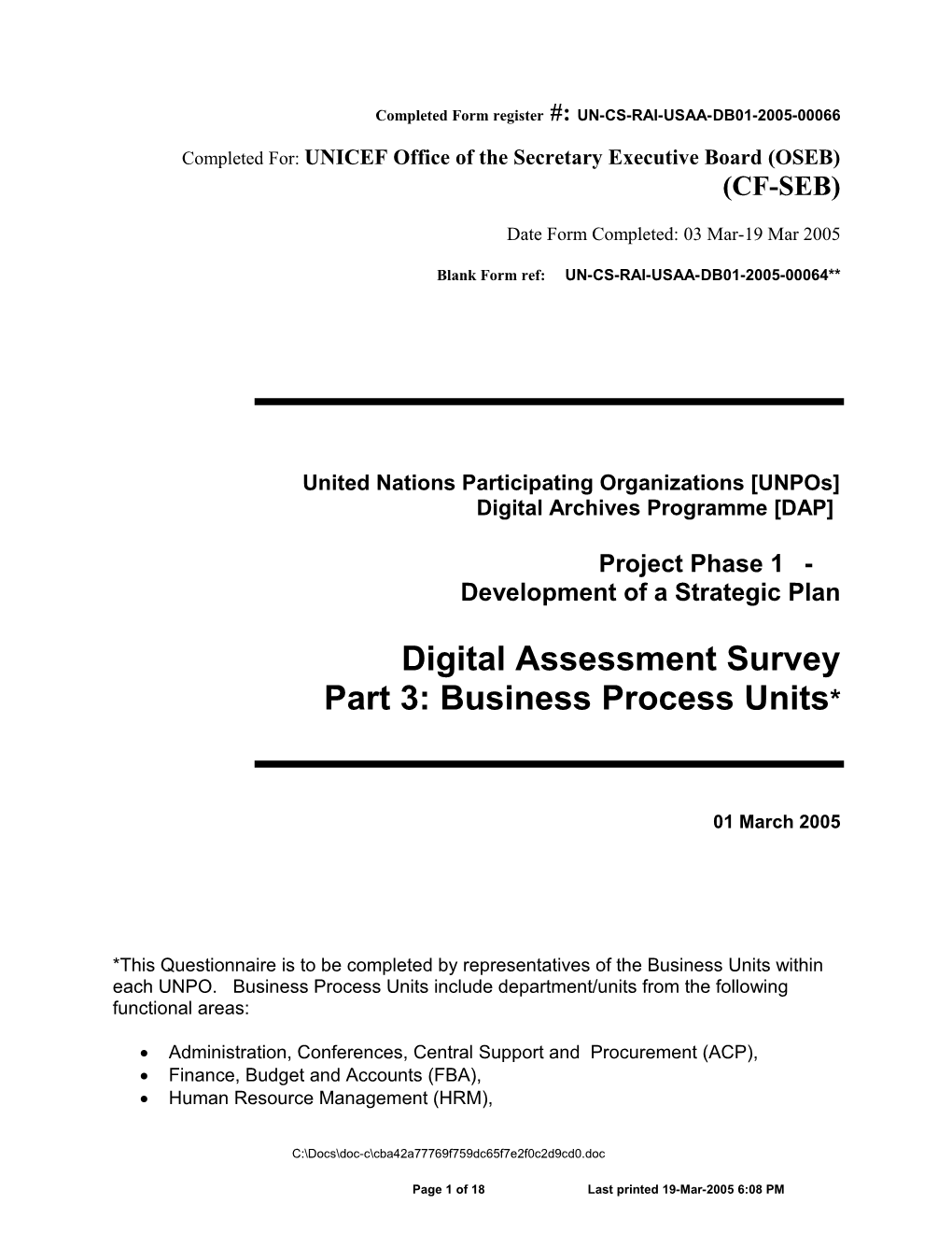 Completed Form Register #: UN-CS-RAI-USAA-DB01-2005-00066