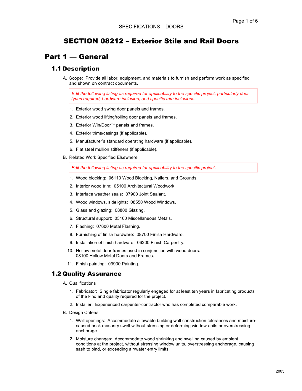 Duratherm Window Corp; Specifications Doors