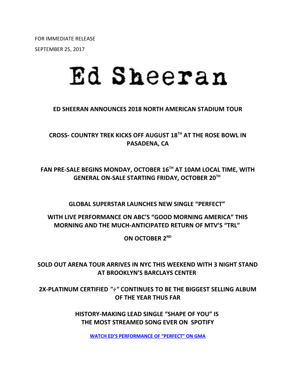 Ed Sheeran Announces 2018 North American Stadium Tour