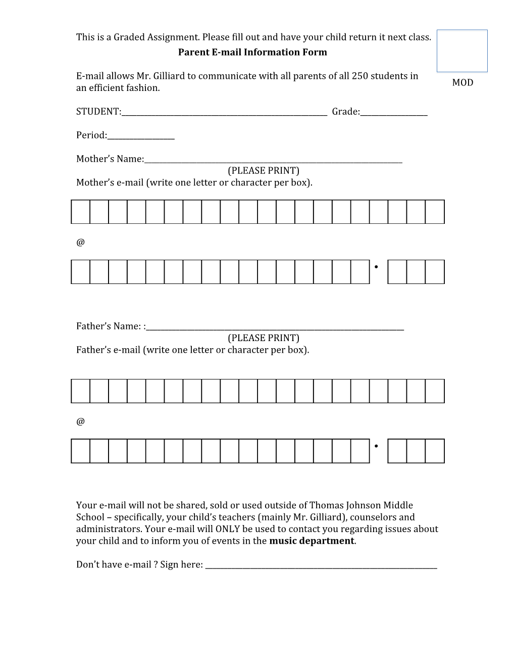 This Is a Graded Assignment. Please Fill out and Have Your Child Return It Next Class