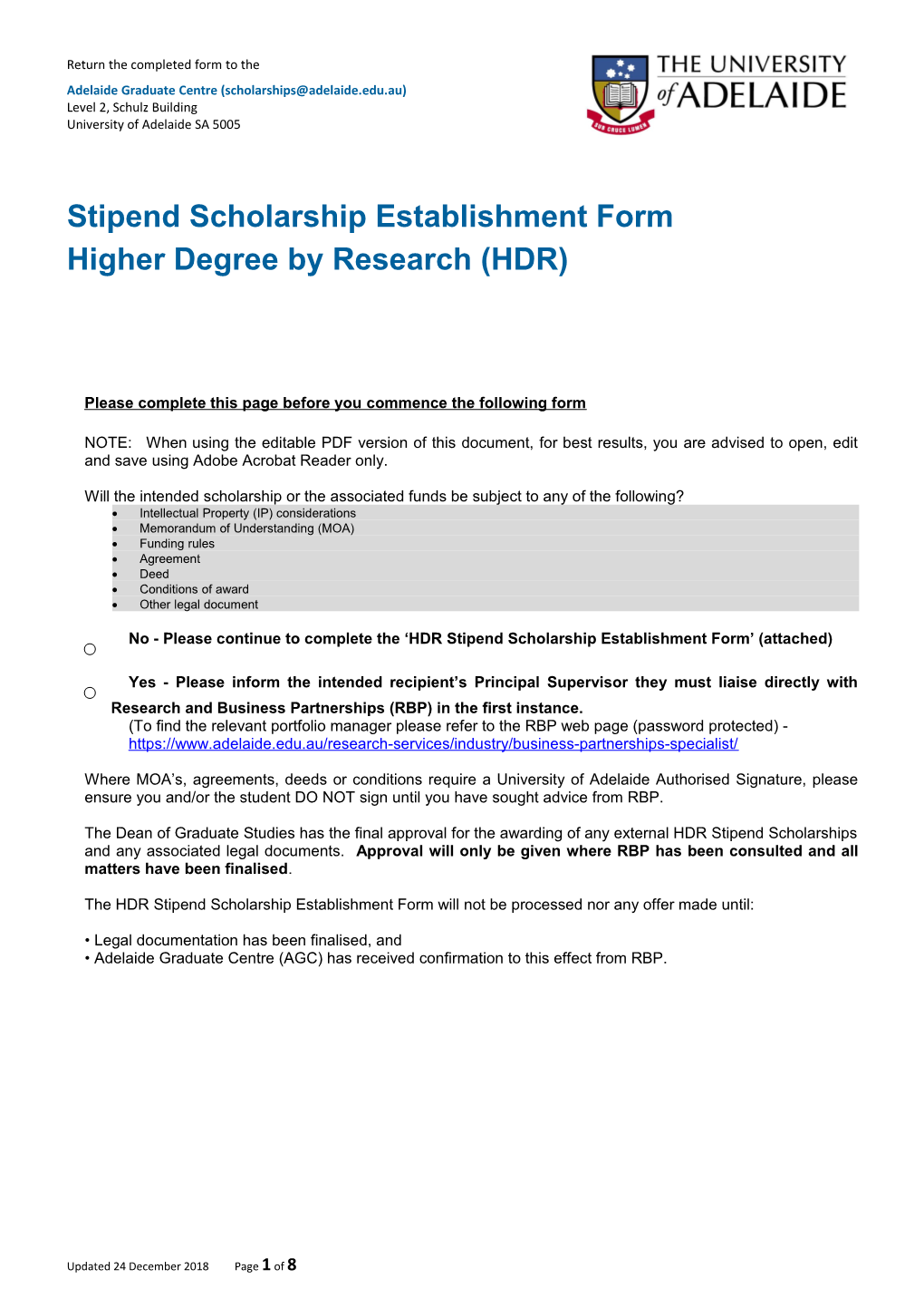 Stipend Scholarship Establishment Form