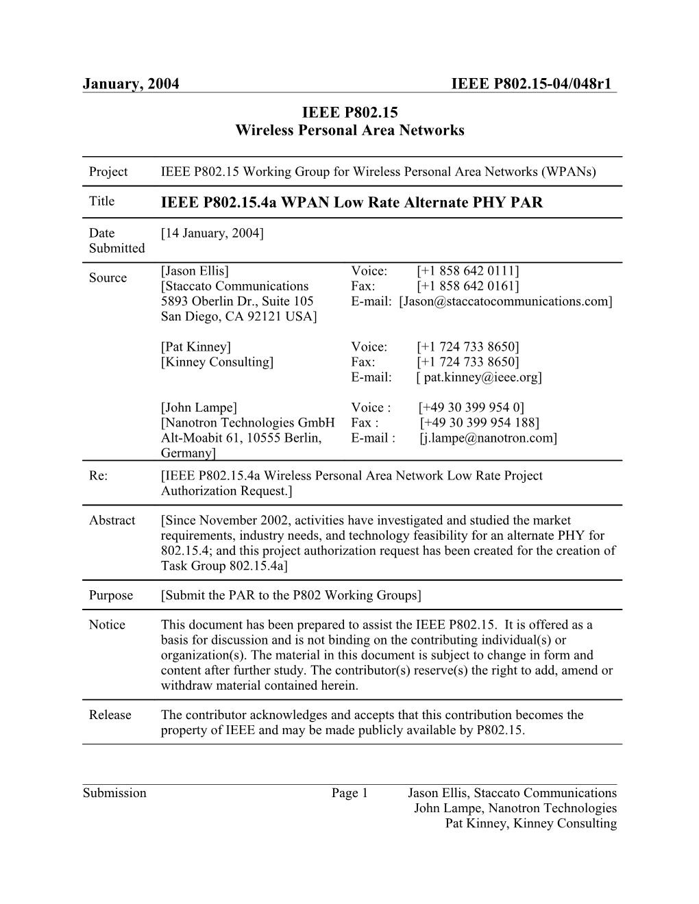 IEEE P802.15.4A WPAN Low Rate Alternate PHY PAR