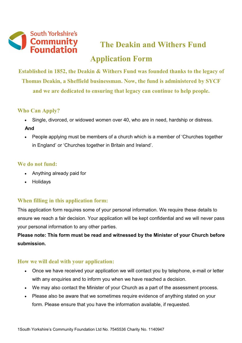 The Deakin and Withers Fund Application Form