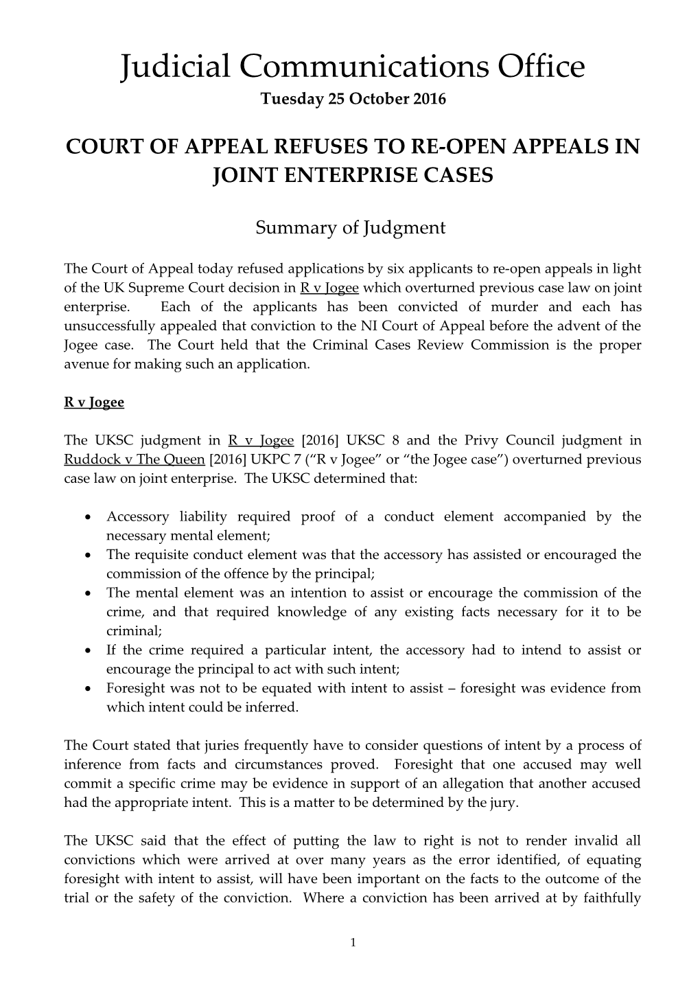 Court of Appeal Refuses to Re-Open Appeals in Joint Enterprise Cases