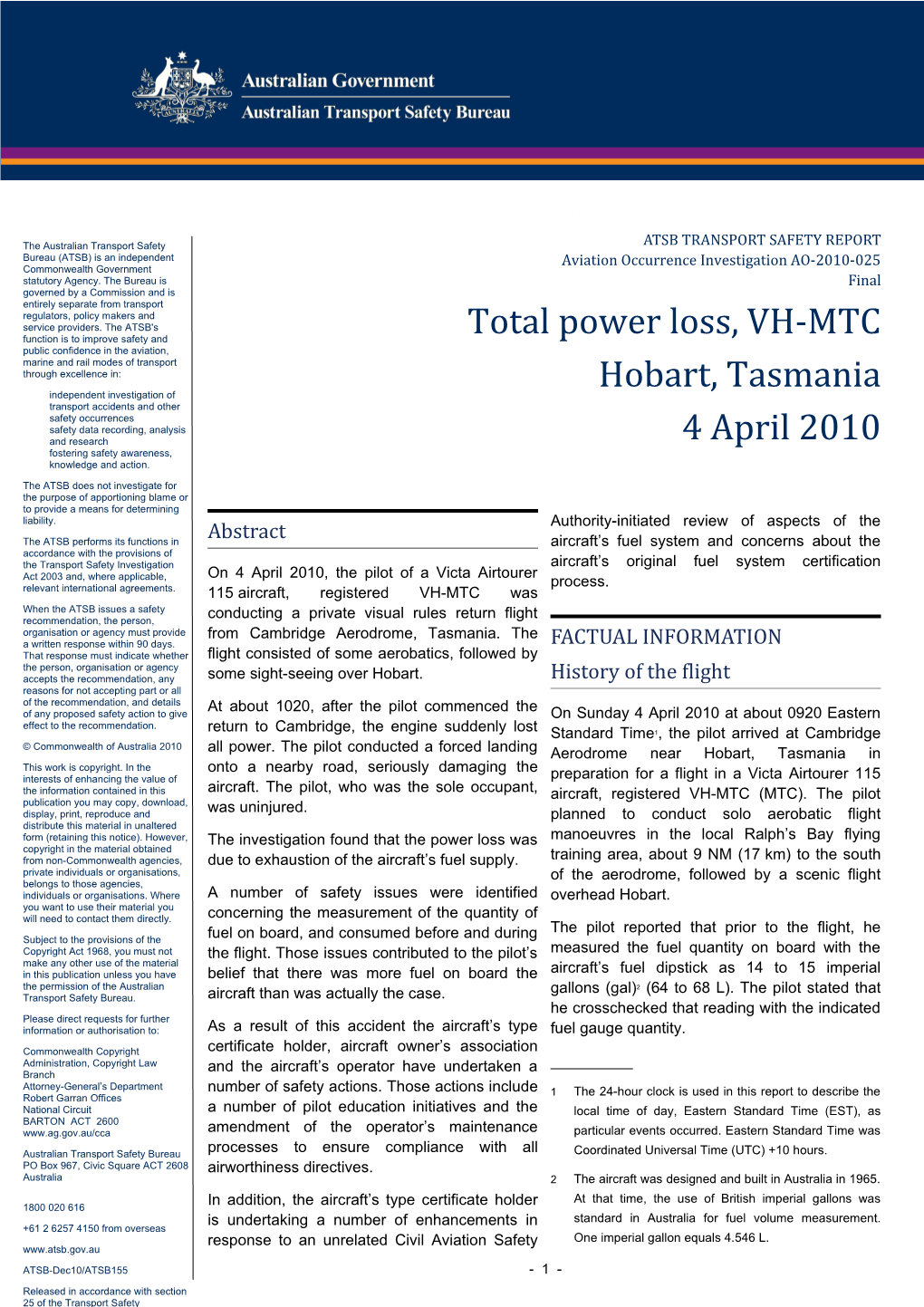 Total Power Loss, VH-MTC Hobart, Tasmania 4 April 2010