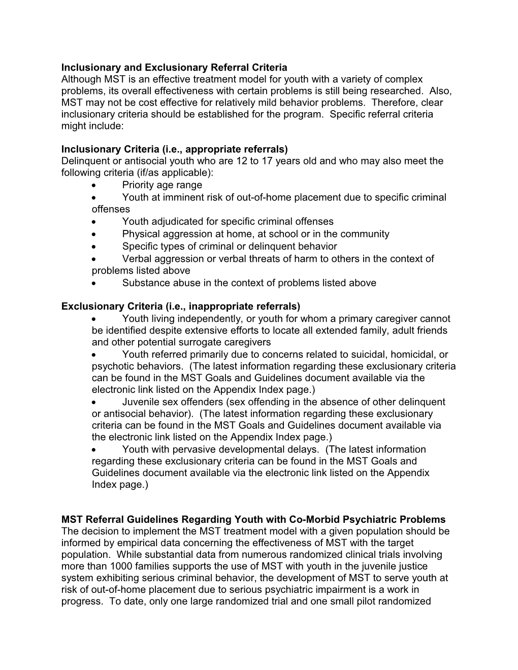 Inclusionary and Exclusionary Referral Criteria