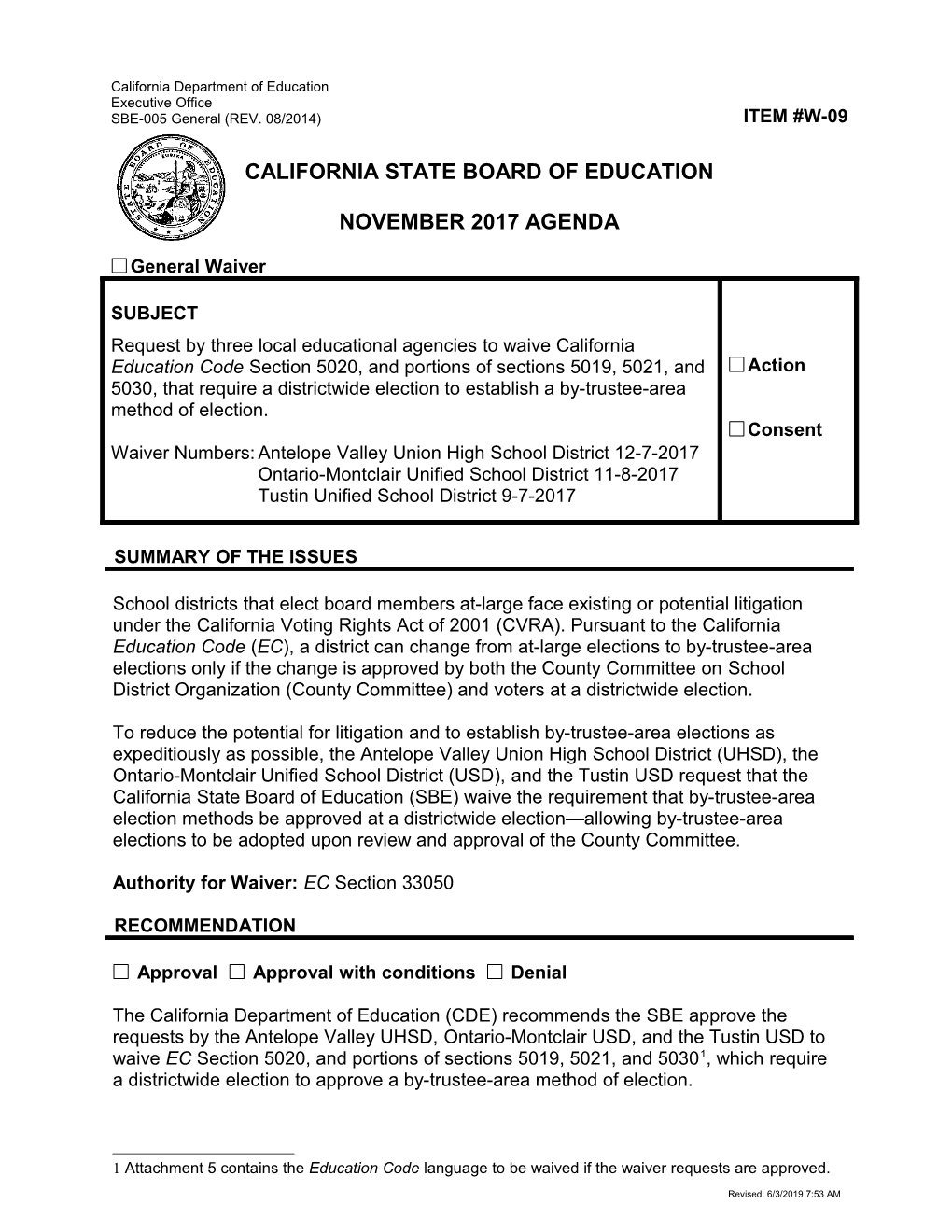 November 2017 Waiver Item W-09 - Meeting Agendas (CA State Board of Education)