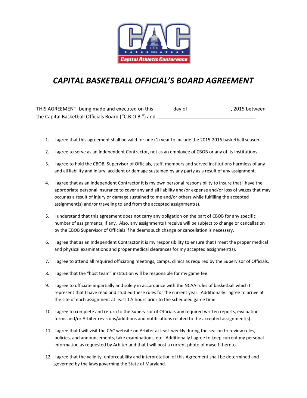 Capital Basketball Official S Board Agreement
