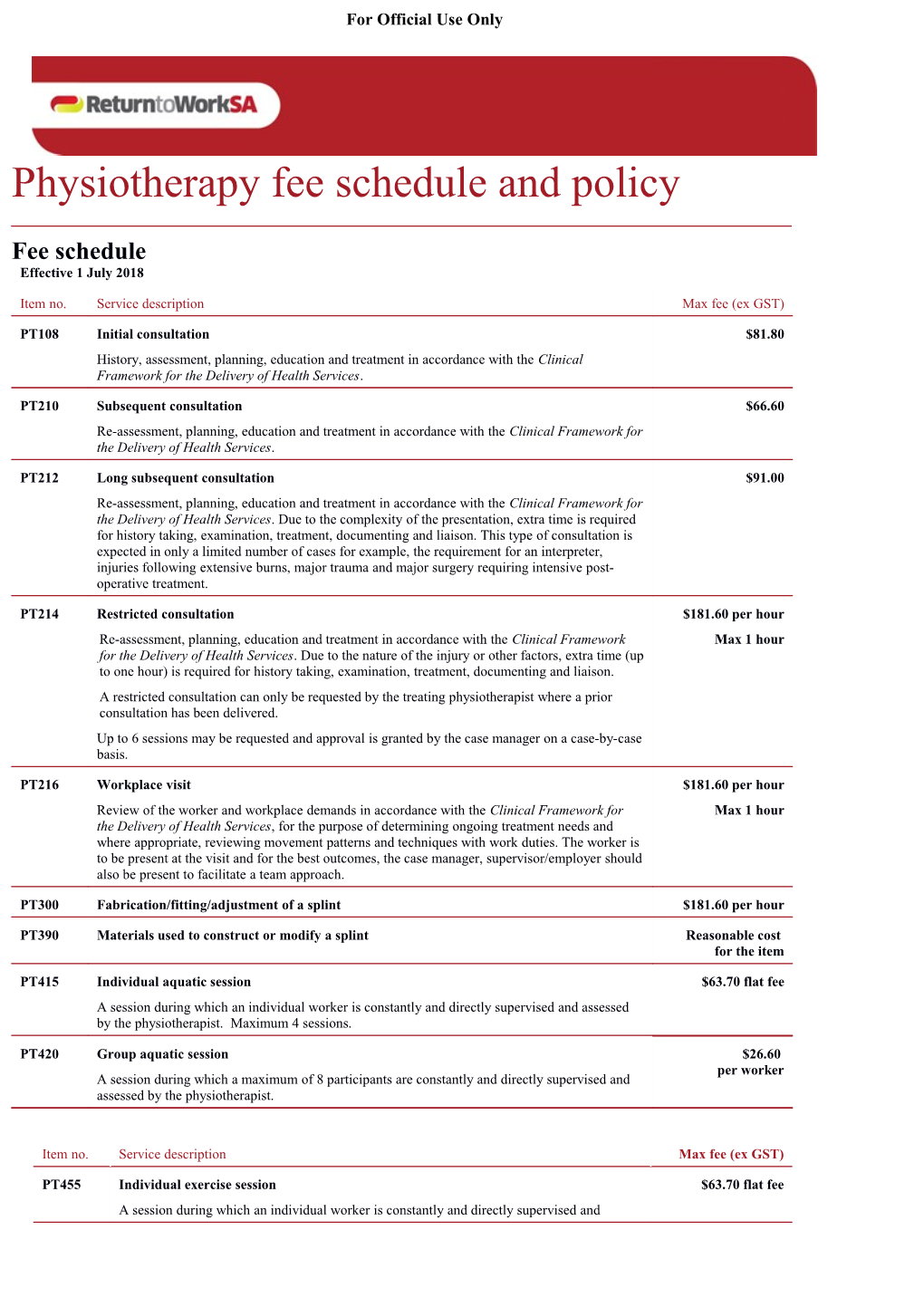 Physiotherapy Fee Schedule and Policy